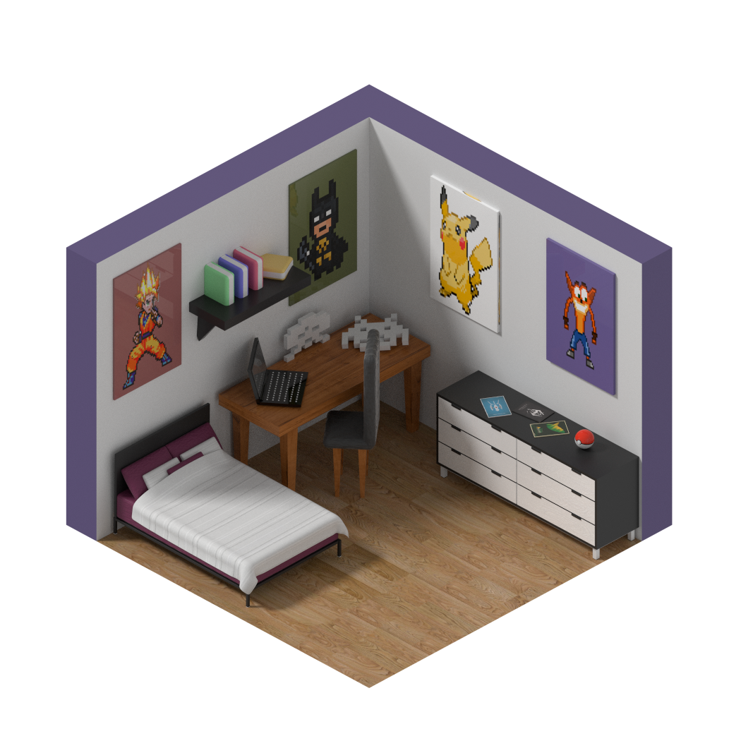 Isometric lowpoly game room c4d PS Render cycles physicalrender models test