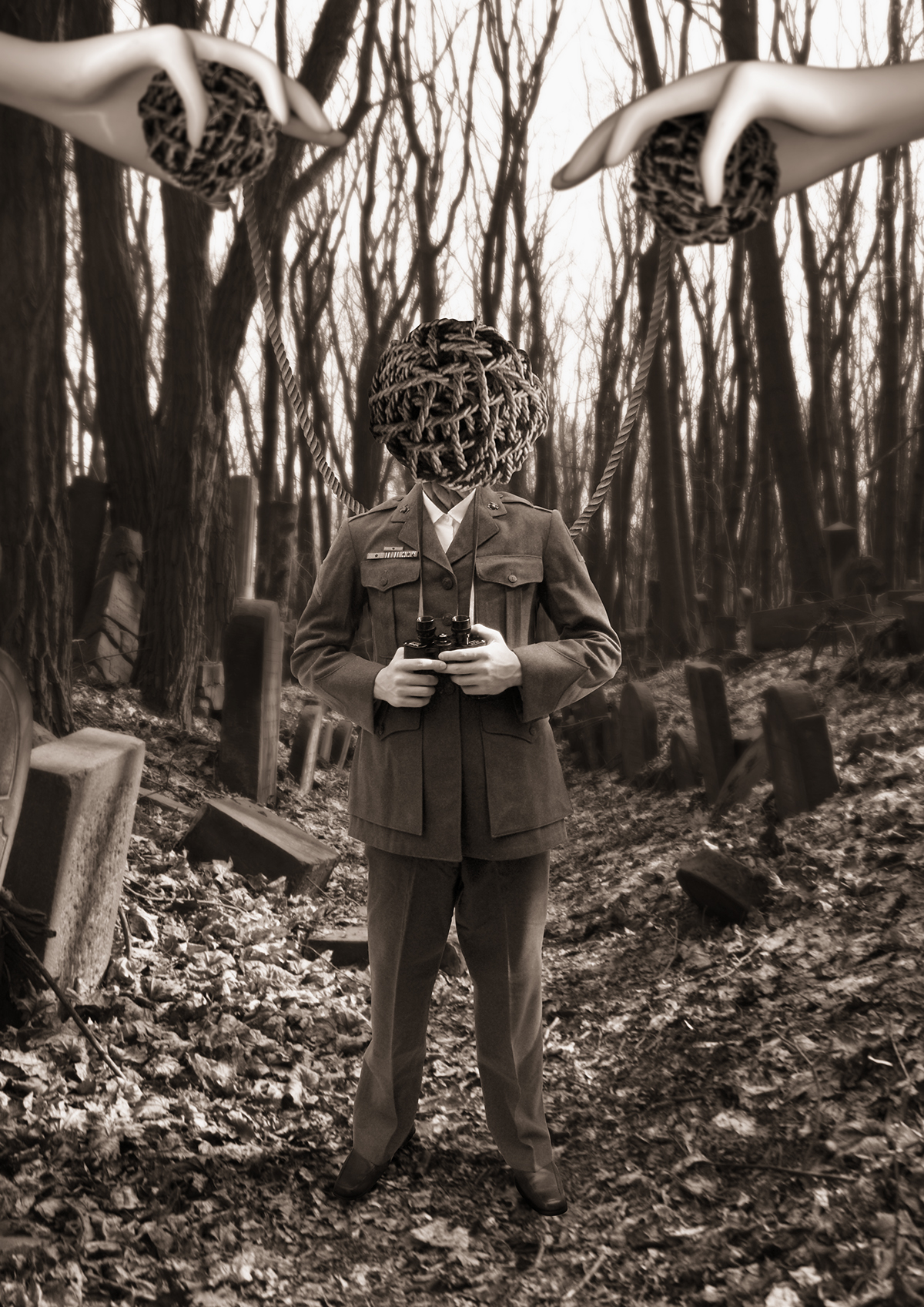 photomanipulation surreal soldier strings Master rope graveyeard hands forest autumn