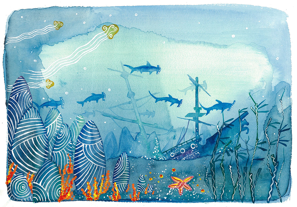 Ocean sea water sharks Shipwreck jellyfish watercolour watercolor sealife