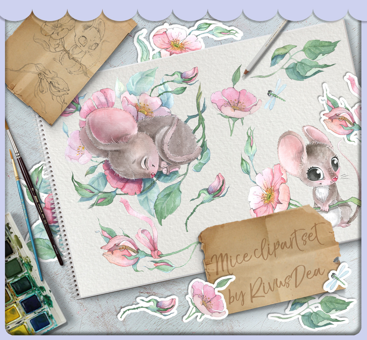 mouse watercolor cute Roses Flowers Nature etsy stickers clipart