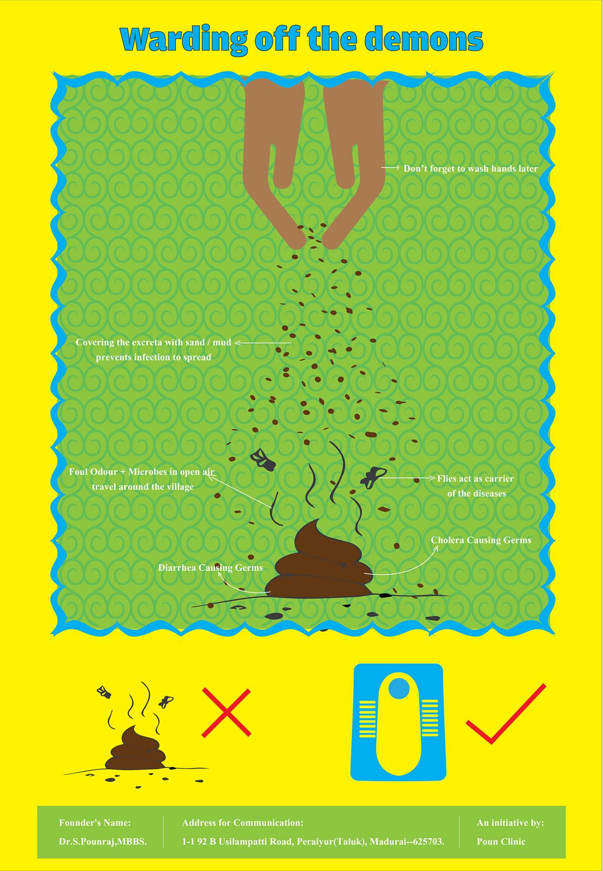 Kiruku design poster pamphlet Education  health wash hands Yoga meditate open defeacation toilets