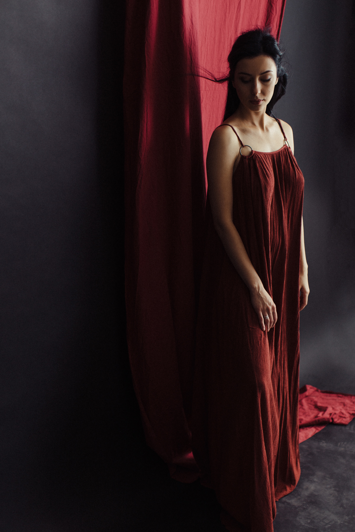 portrait studio girl female model light red textile beauty