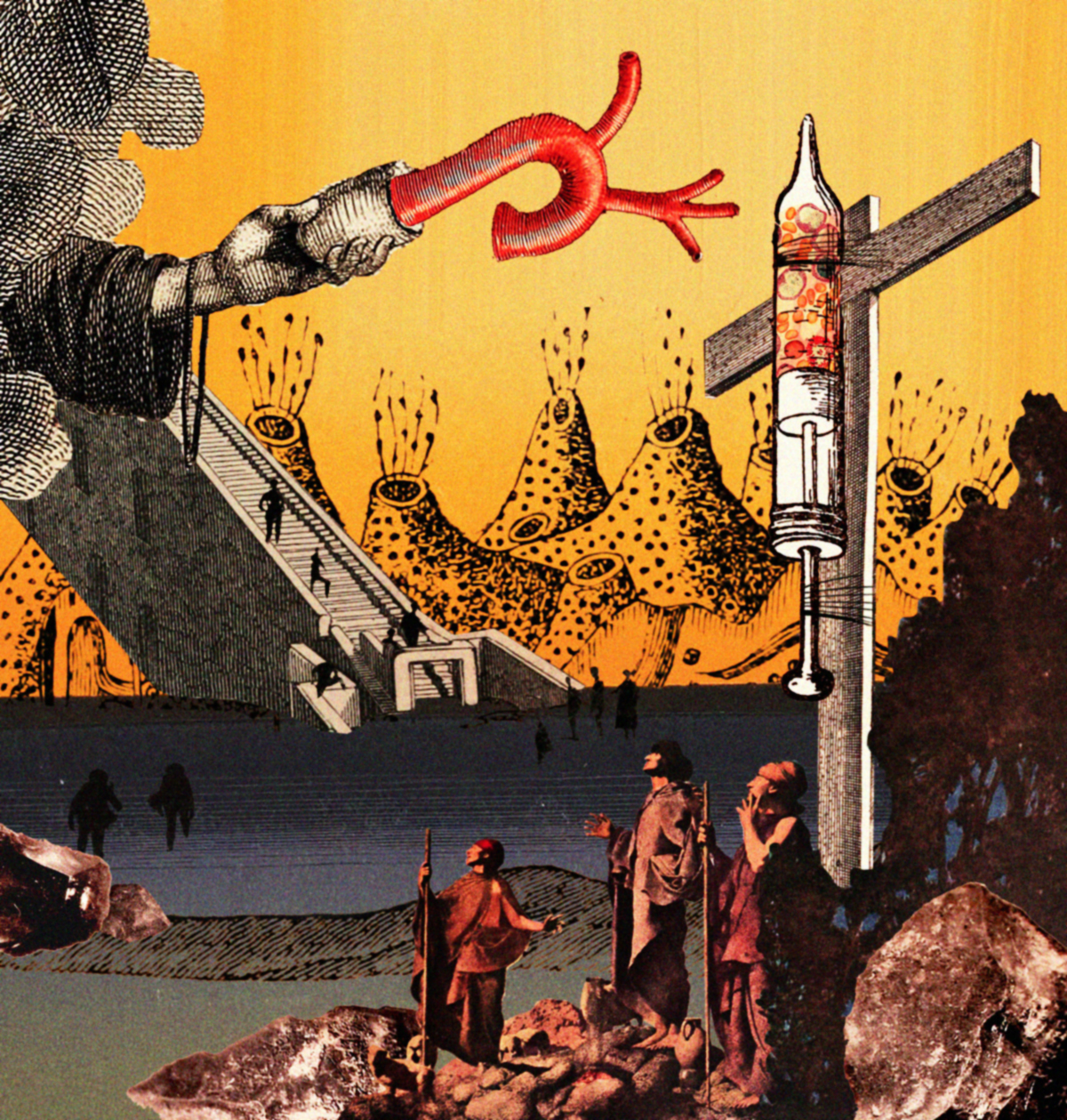 Scifi collage surreal fantasy magazine 1950s colorful anatomy futuristic Dystopia