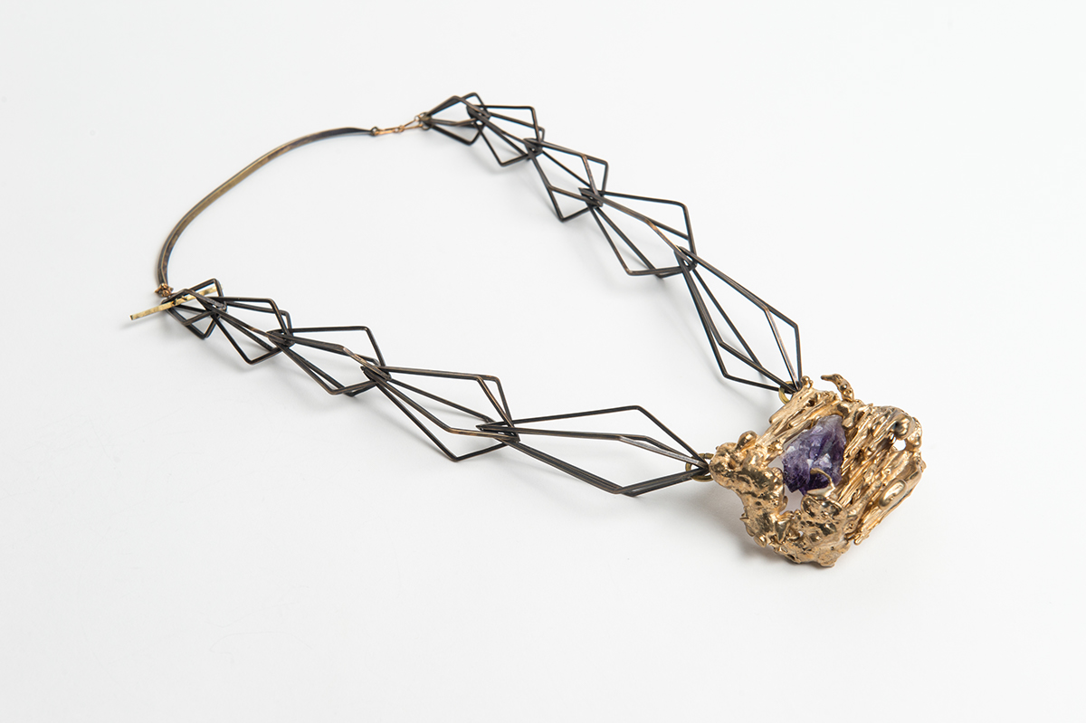 jewelry statement Necklace amethyst gold brass bronze diamond  chain toggle clasp patina black purple cast