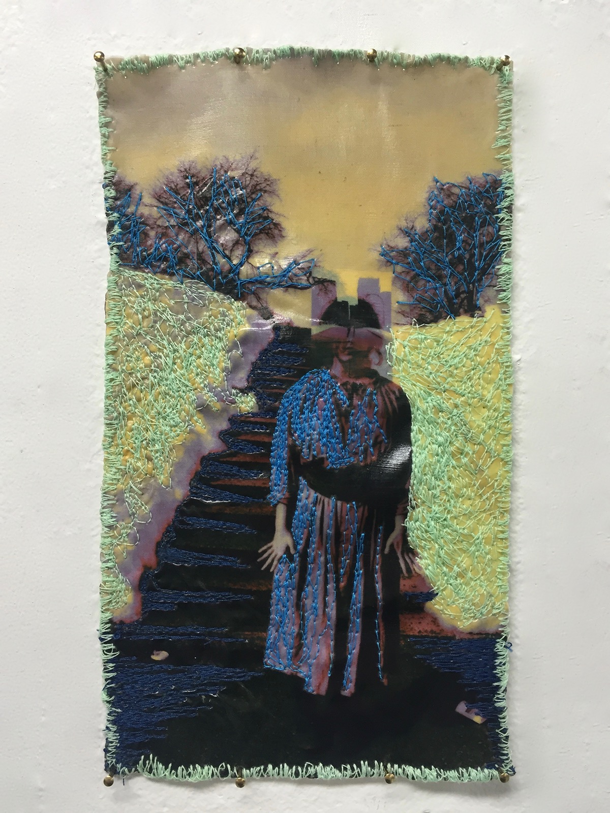 Embroidery fiber image transfer painting   mixed media film still Film   thread canvas