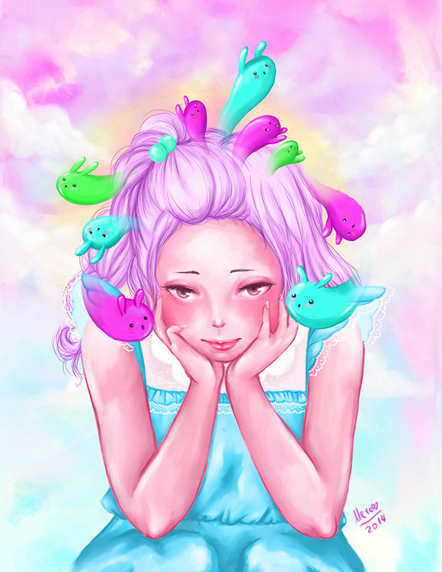 girl bunnies pastel colors clouds