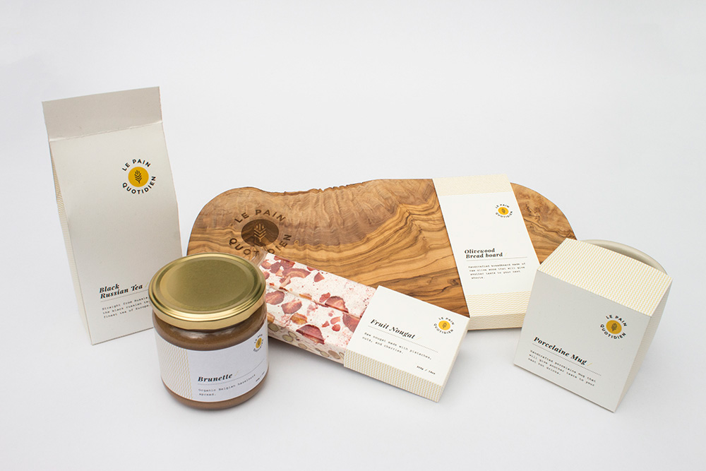 bakery Le Pain Quotidien modern contemporary design minimal minimalist pattern packaging design student rebranding olive wood Nougat Mug  courier typeface