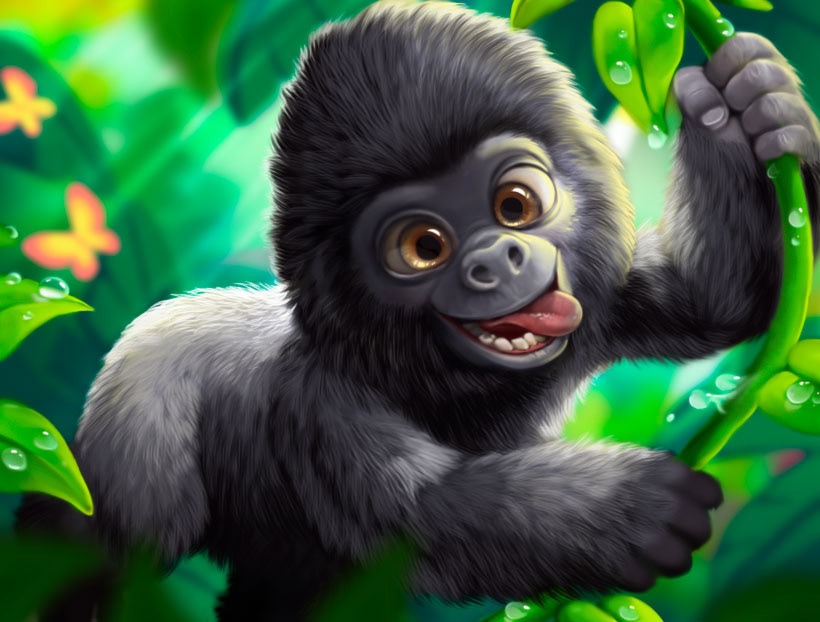 cute baby gorila cartoon photoshop personagem game arte arte digital 2D animal conceito Pet realista filhote