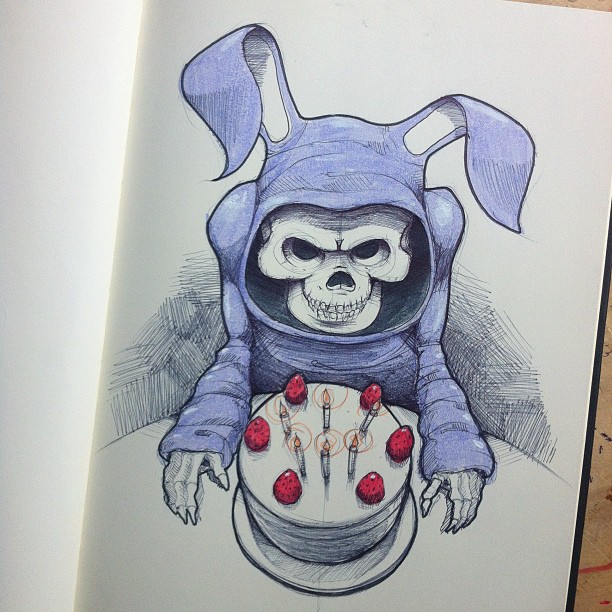 moleskine sketch Character reaper bunny suit onesie skeleton skull ballpoint pen brush pen concept doodle