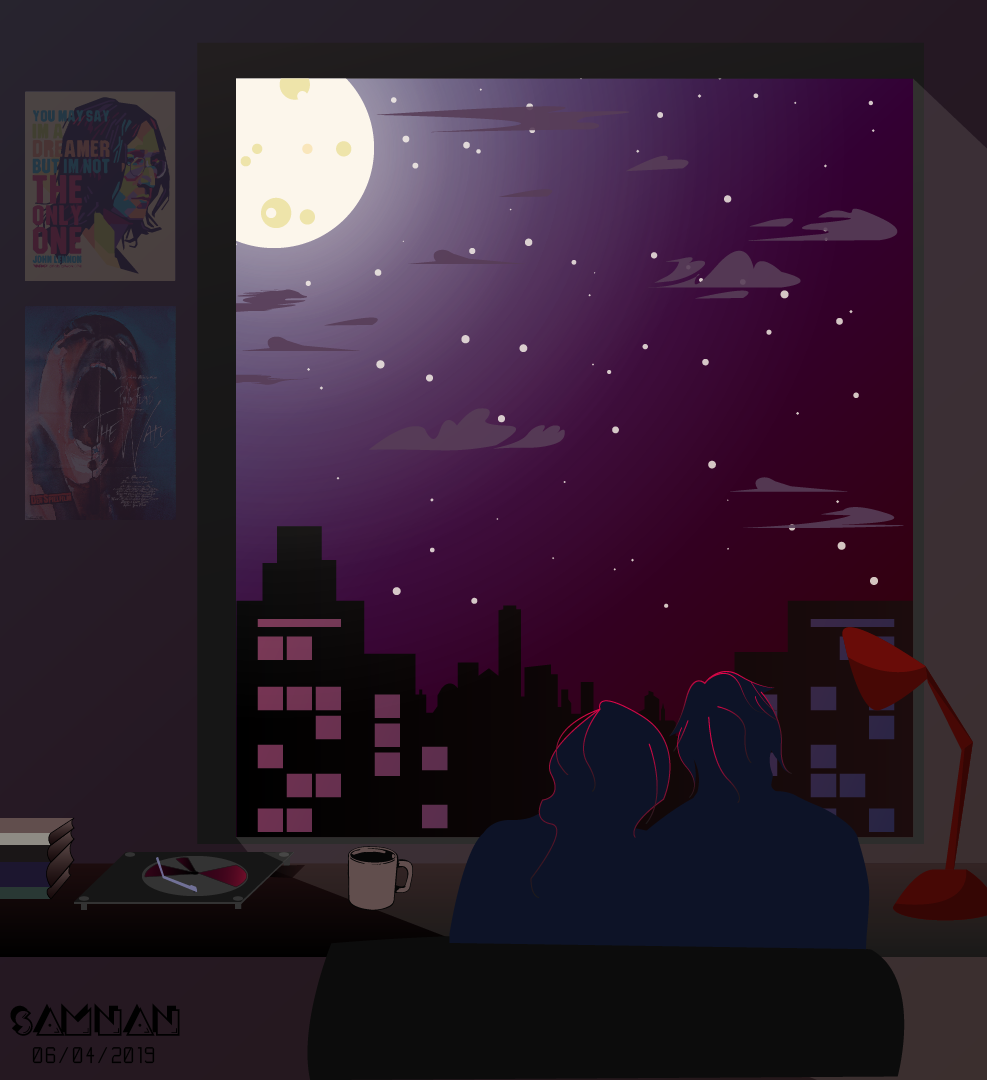 Evening ILLUSTRATION  moon city night couple romantic Window