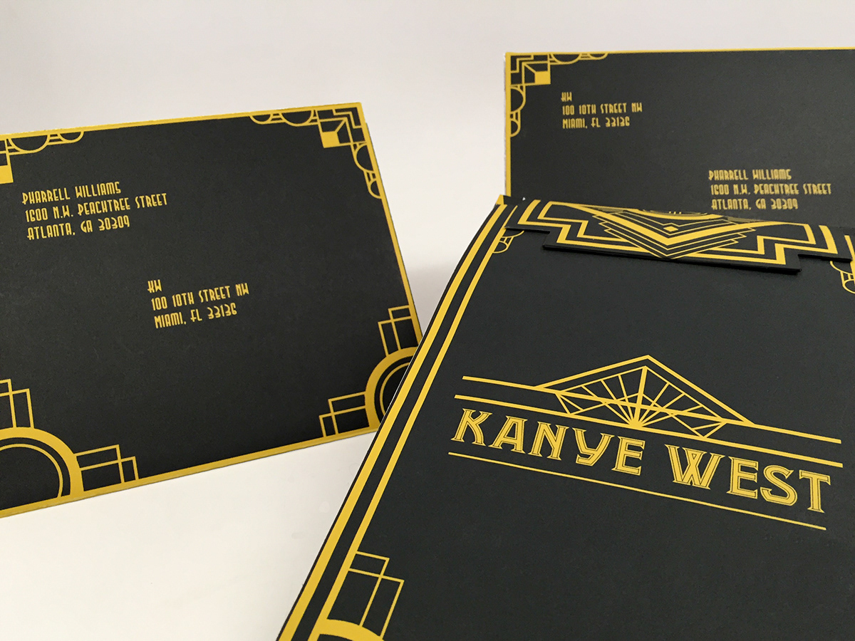 Kanye West Invitation Birthday Jay Z art deco art movement art history gold foil gold american radiator building New York black and gold envelope watch the throne who gon stop