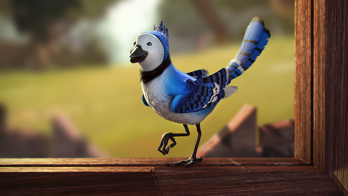 blue feather Fly wings Character bird blue jay Window concept rig 3D modeling cartoon