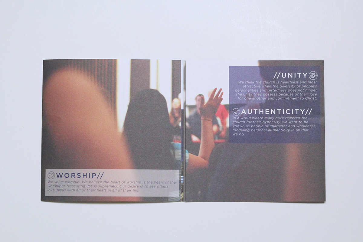 brochure fold out church core Values clean modern worship infographic icons
