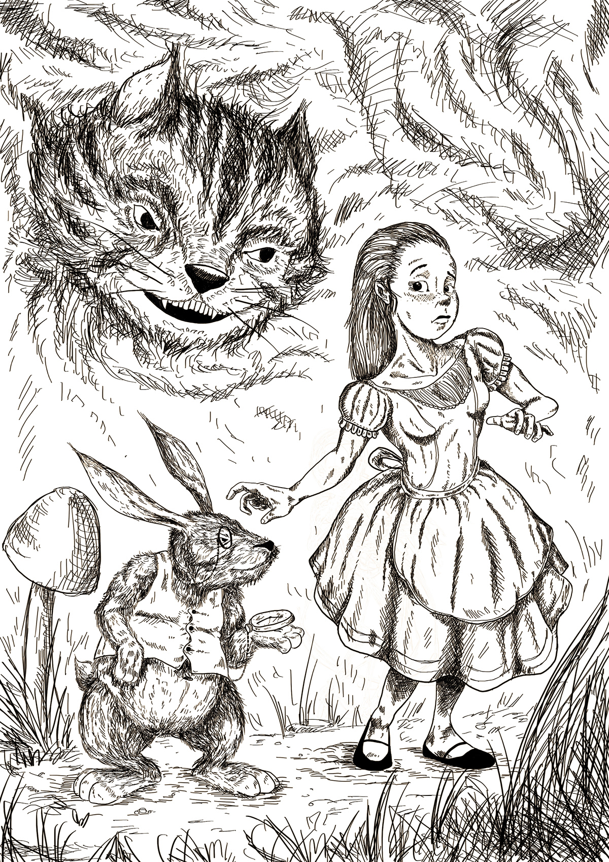 art gravure dessin draw sketch esquisse progres alice wonderlande rabbit Cat Chat lapin Tenniel digital