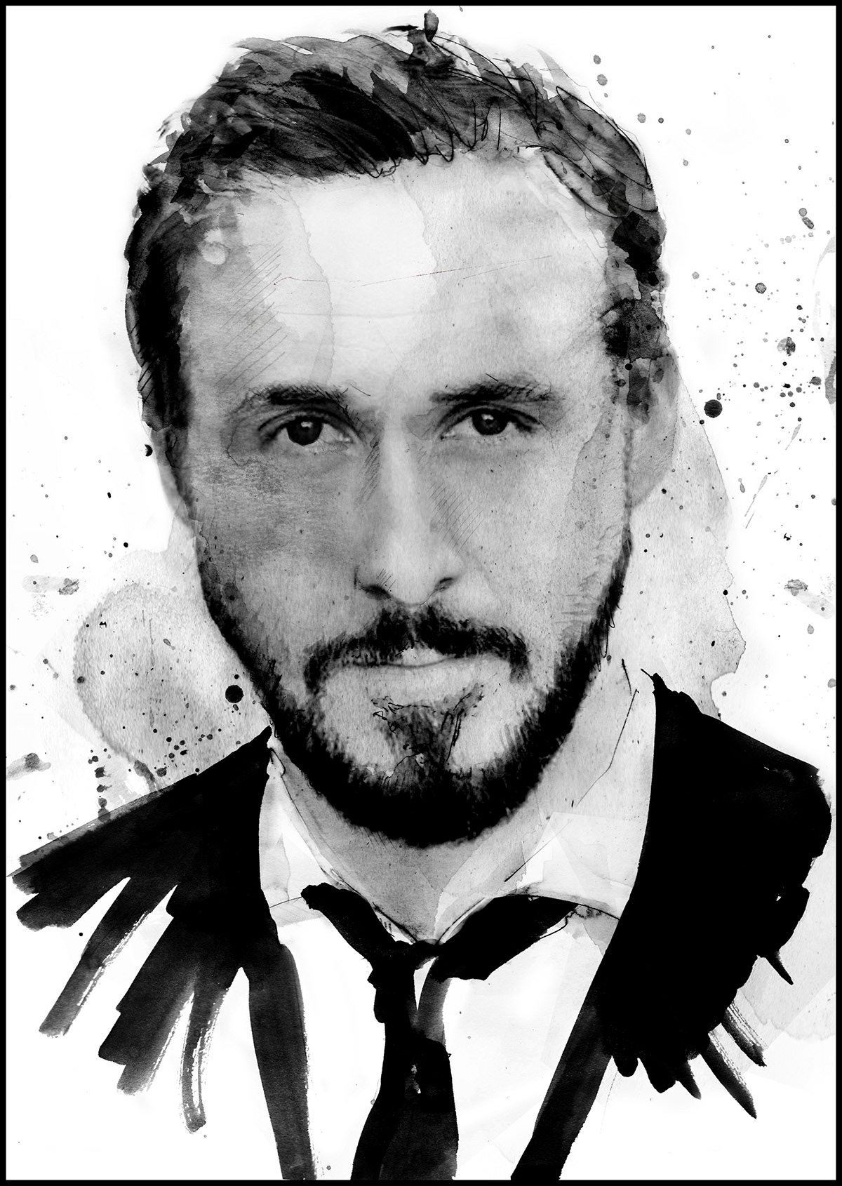 ink Squid watercolour tradigital portrait black and white famous illustrations digital mixed media robert downey jr james mcavoy