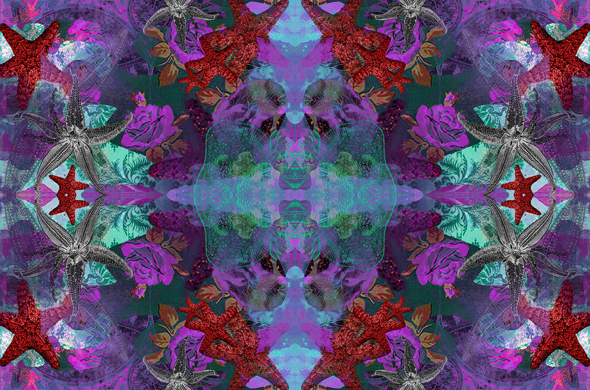 mirror repeat pattern Lynmouth devon starfish octopus Maroon slime Indigo vibrant colour