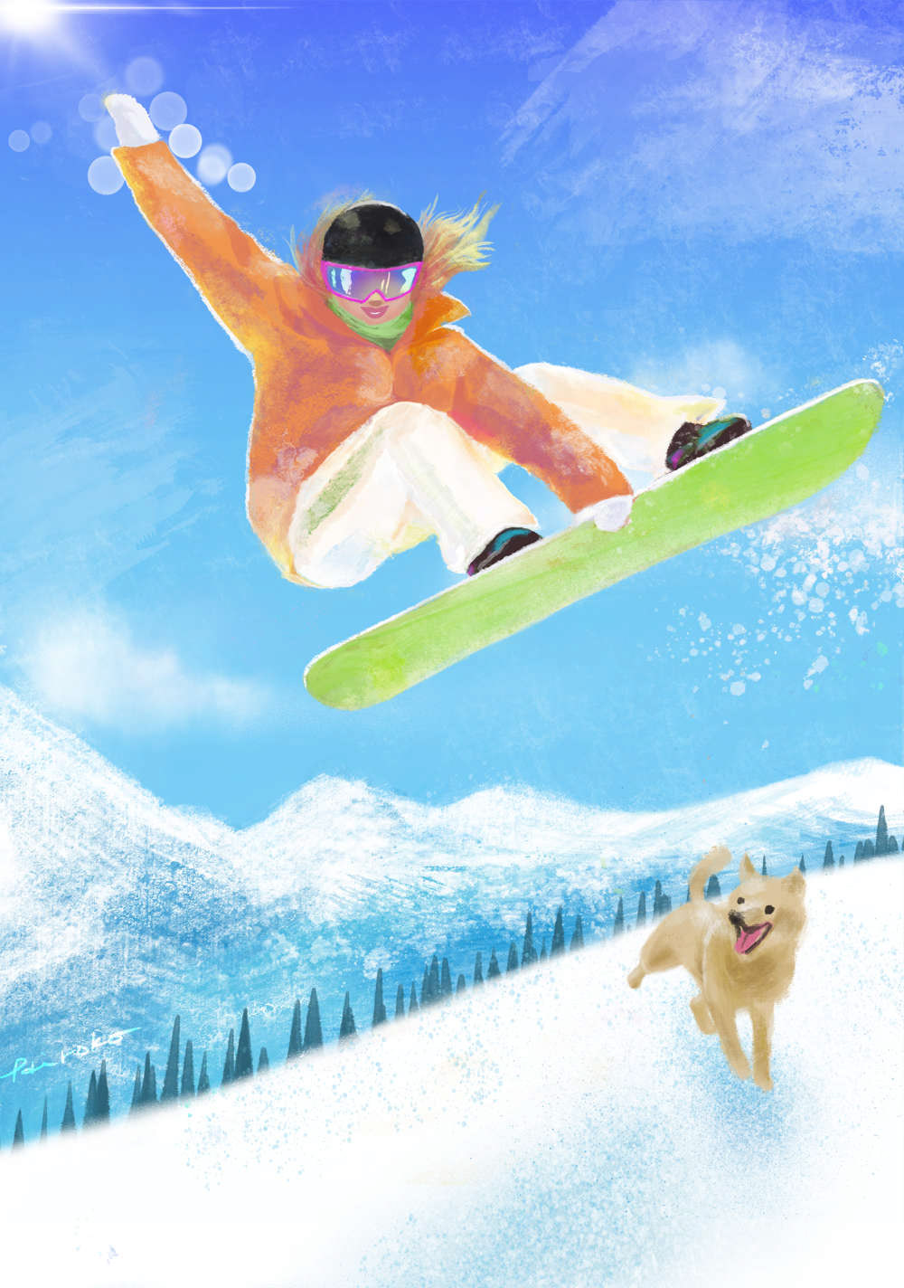 female snowboarder and a dog in a snow mountain