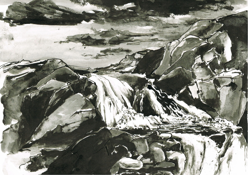 tinta da china nanquim indian ink Drawing  Landscape rocks water winter