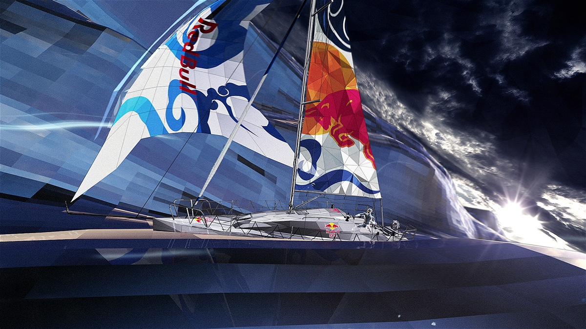 Low Poly RedBull speed car wingsuit sailing sea CG motion graphic Racing extreme sport c4d