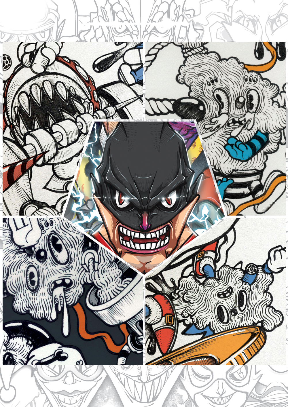 black and white pen drawing dc villain batman Super Mario KOOPA sonic Perspective Gargamel Shredder TMNT joker 08AM Ninja Turtles