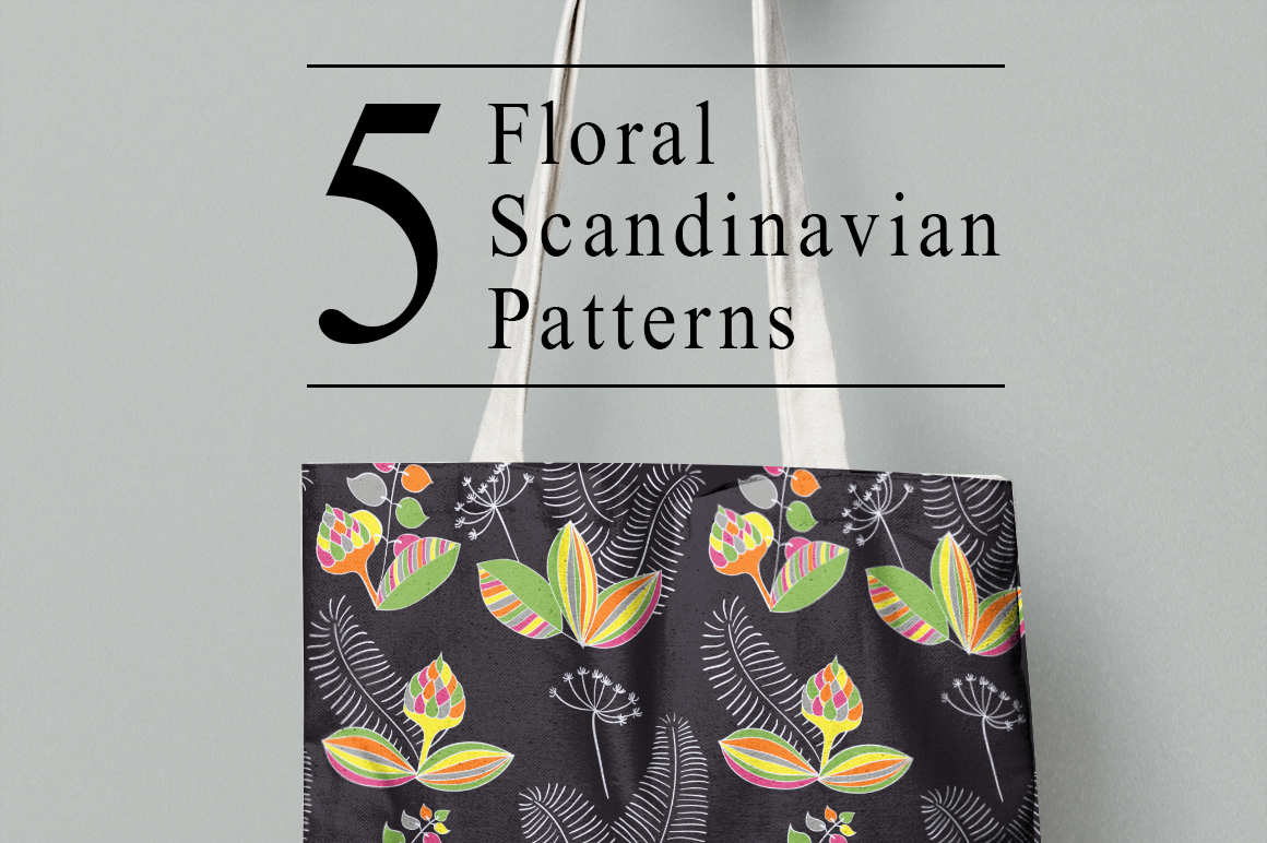 Scandinavian nordic Patterns set graphic greenery black hand drawn vector leaf