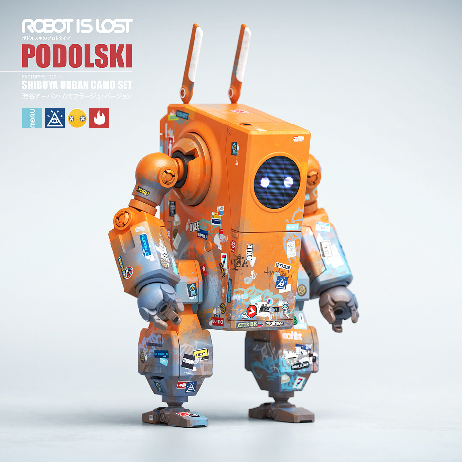 back view of orange Podolski arttoy by robot is lost and malcolm tween
