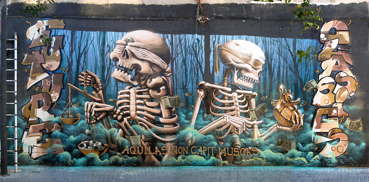 wall graff metal aquilas muscas skull dead death balance money