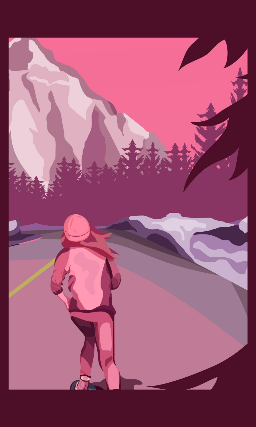 flatdesign Landscape skate skater mountain trees pink colors ILLUSTRATION  designer