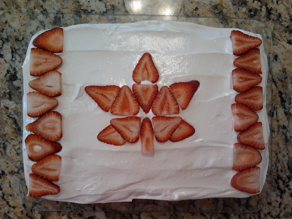 Canada Day flag cake July 1 vanilla mousse seven minute frosting strawberries icing carolyn Marie cook korneluk