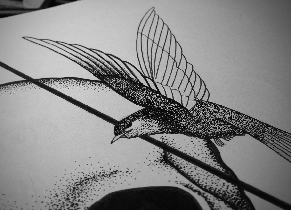 black and white Pointillism stippling tattoo skull birds  eye   triangle  draw  Illustration life symbolism