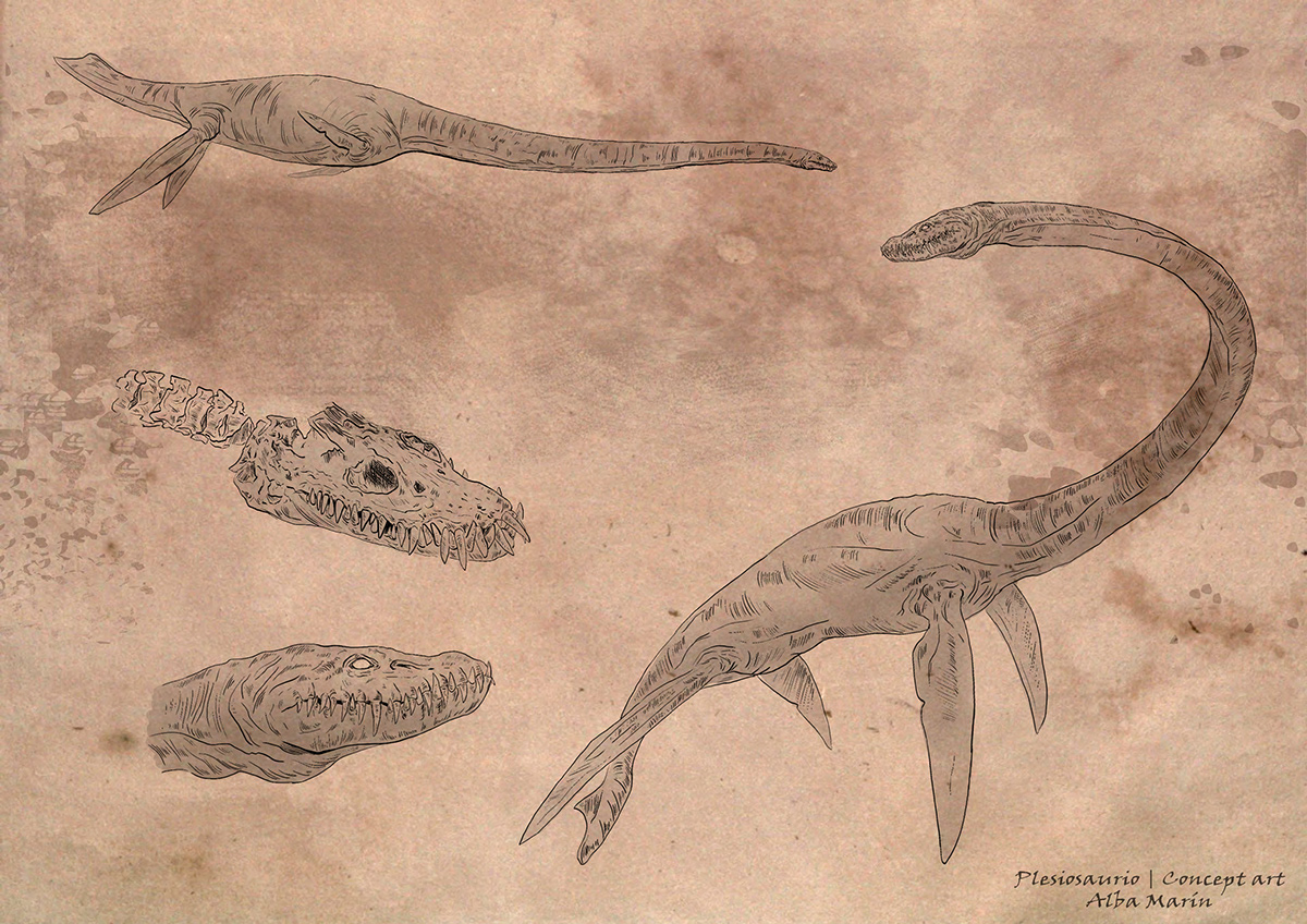 sketch concept art Dinosaur t-rex velociraptor graphic Game Art Plesiosaurio anatomy 2д