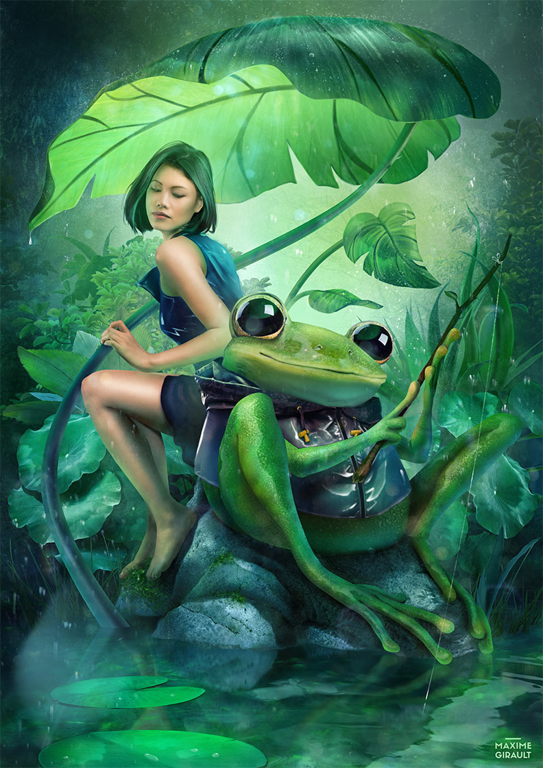 vietnam asia rain jungle forest asian girl frog fishing water Lotus leaf giant lily