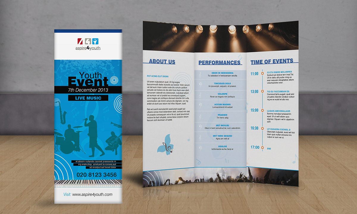 logo music event youth tri-fold leaflets roll up banner December Colourful  brochure