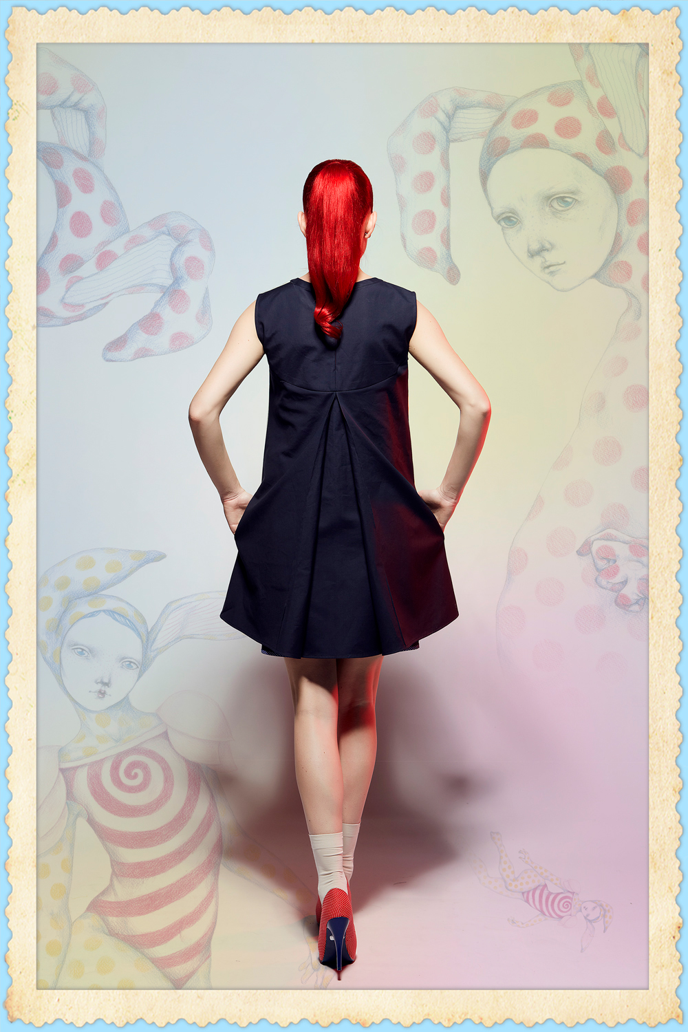 knapp rabbits prints new Collection bulgarian brand textile fairy Retro stripes dots dress trenchcoat red