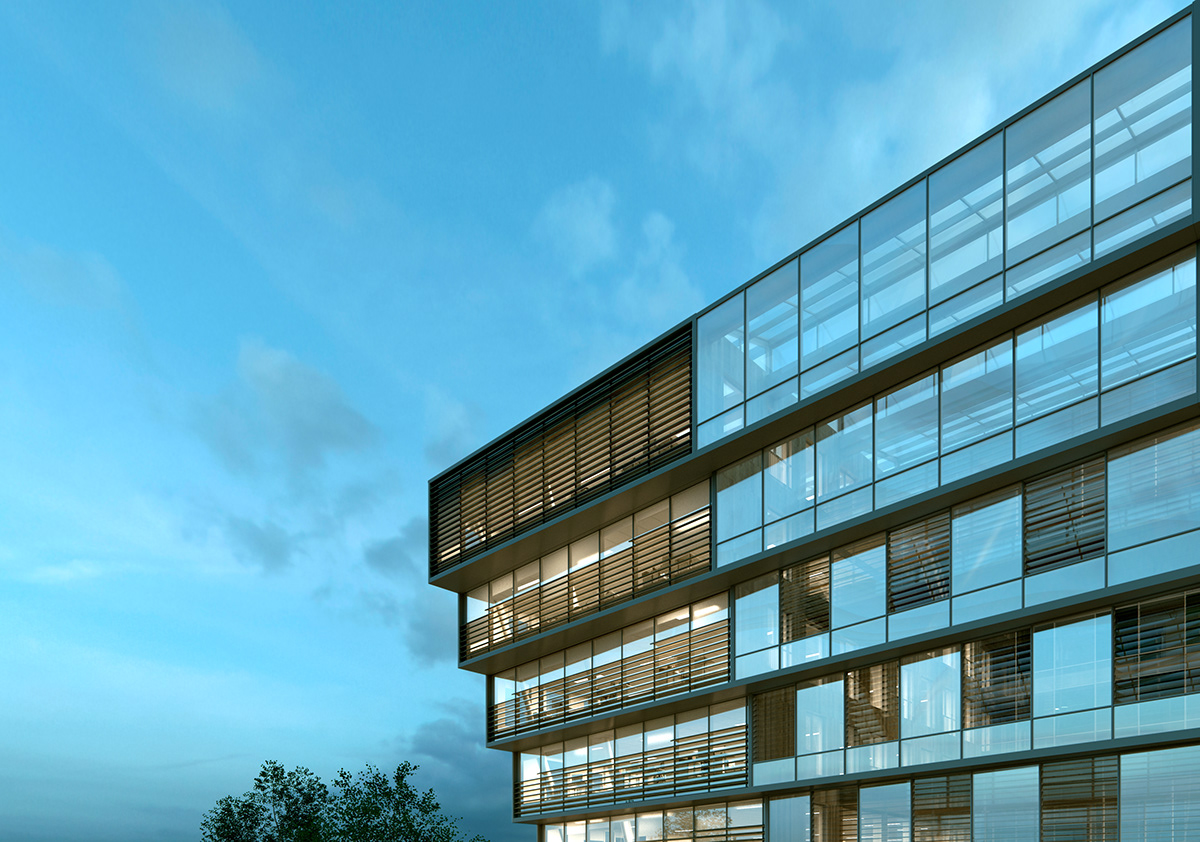 3D archiviz offices Ghent belgium corona CGI DUSK cloudy dramatic gabari