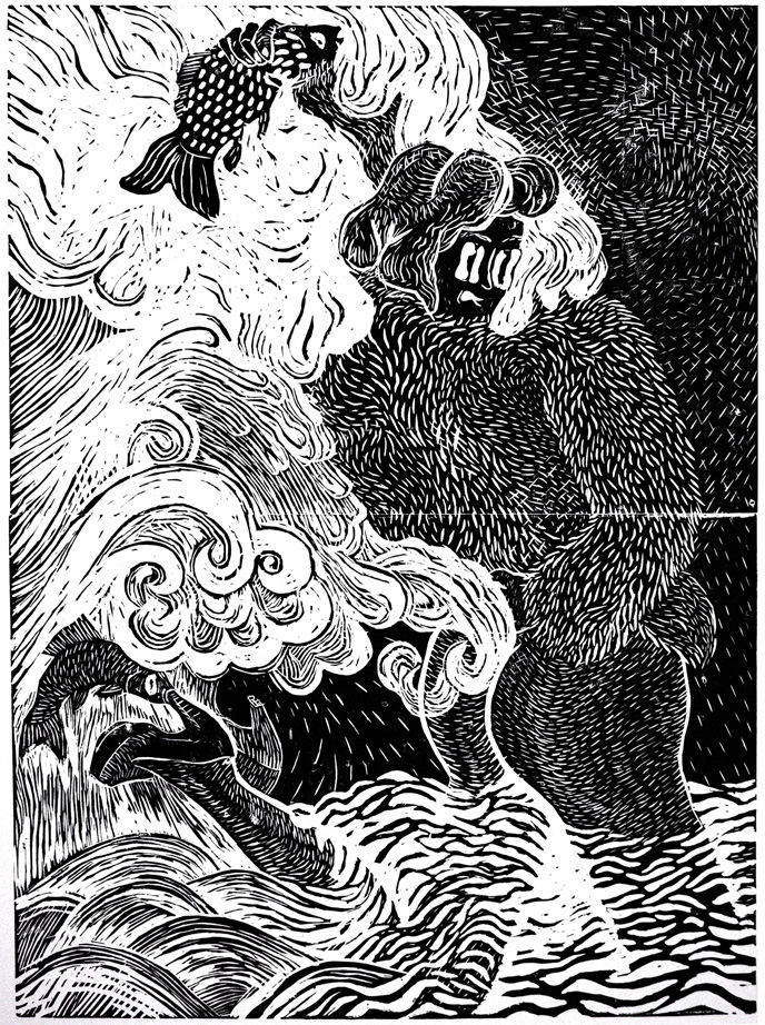 venus Fur venus in fur linocut black and white sea waves catch a fish hunter