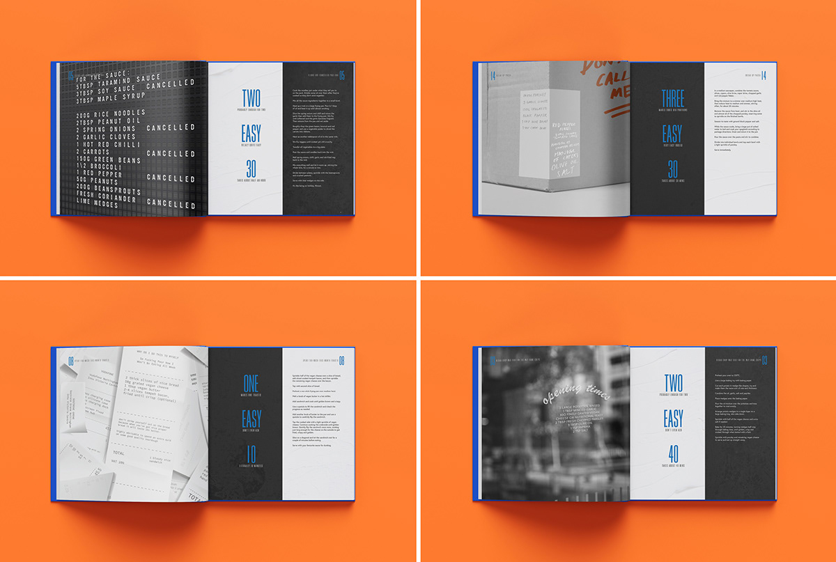 Cook Book editorial design  vegan ILLUSTRATION  blue and orange typography   university project Layout Design book design Book Binding