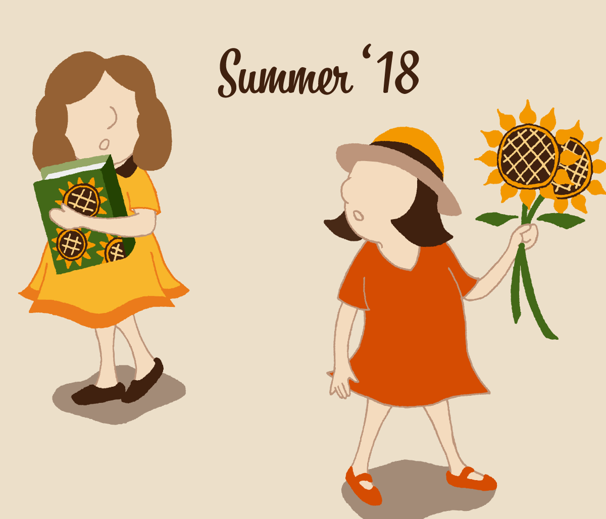 summer sunflower girl friend vintage Memory sketch cartoon kids