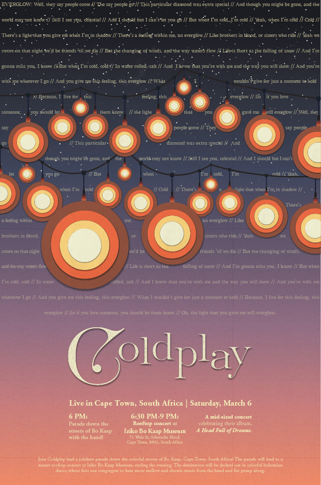 bohemian Coldplay concert poster graphic design  music south africa Experimental Typography lights Poster Design typography  