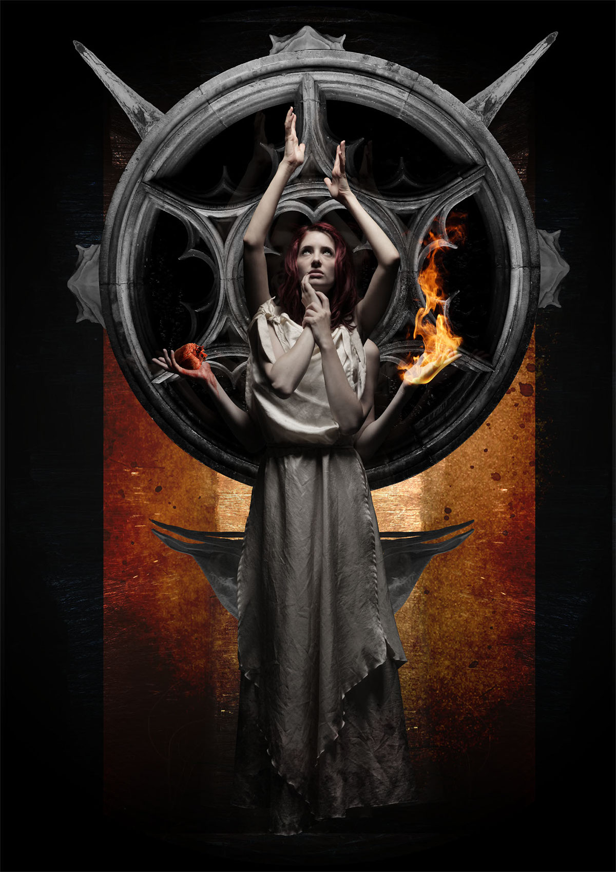 photomanipulation dark fire skull heart blood woman ritual cult
