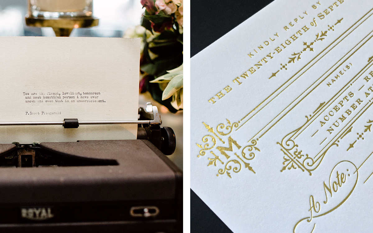 wedding Stationery type gold foil letterpress Invitation invite rsvp thank you ornate decorative deco Victorian Flowers