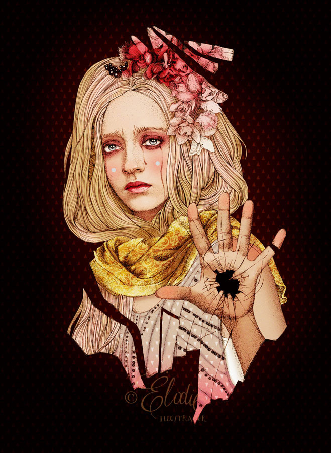woamn girl long hair blonde sad tears Flowers glass broken glass stitching pink brown handmade verticale color