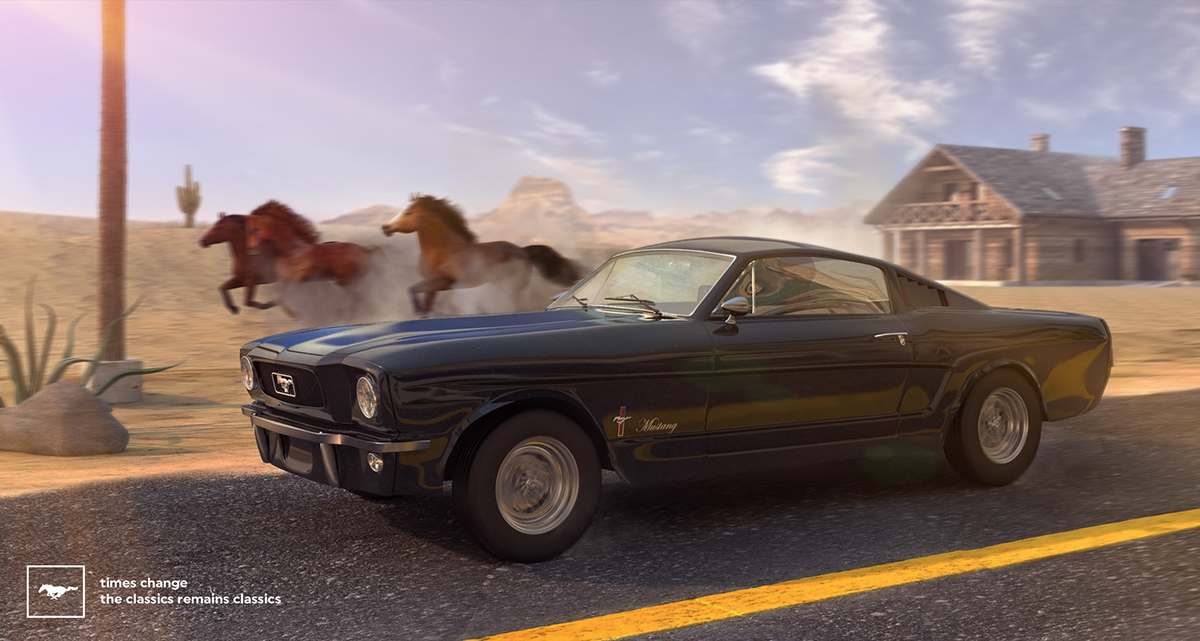 Ford Mustang car Classic Retro CG computer graphics Old car 3d max vray V-ray Outdoor Mockup modelling