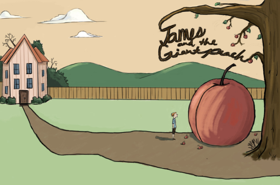 book cover children's book james and the giant peach hills tree branches pathway