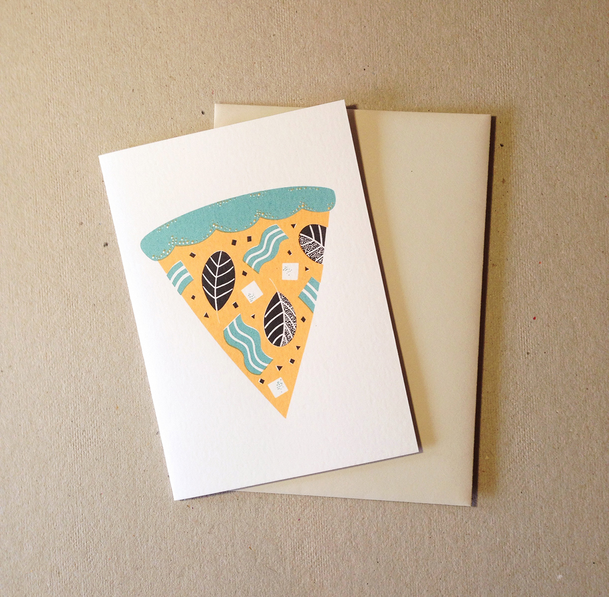 Pizza Vegetarian pepperoni greek paper ink screen print silk screen hand printed colours toppings gift cards envelopes