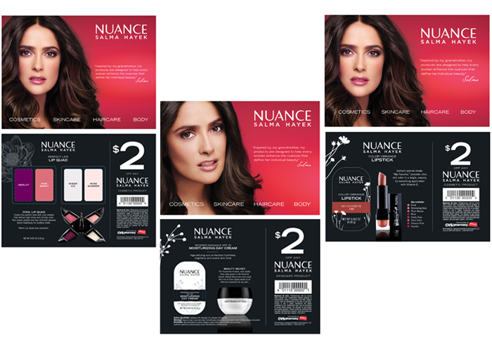 nuance salma hayek packettes merchandising Display brochures Direct mail