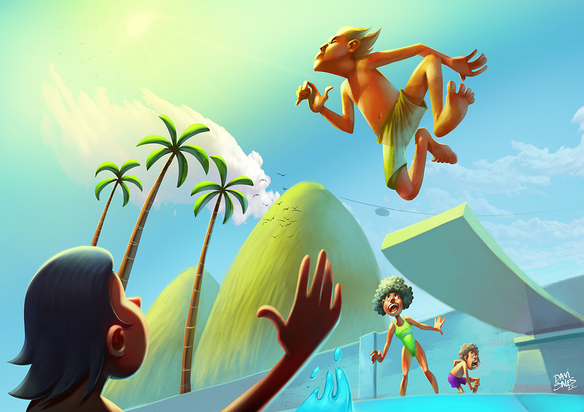 Digitally-painted illustration of a guy jumping into the pool to the amazement of everyone watching