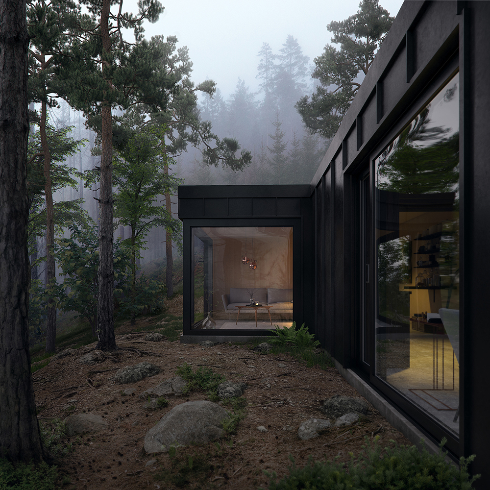 mist fog light house forest 3D rendering CGI visualization mood