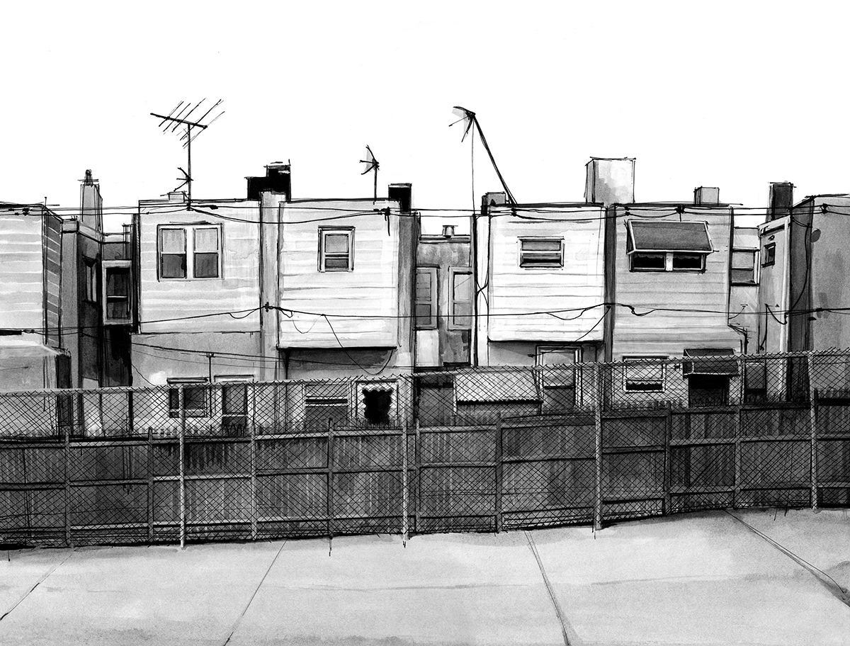 ink fence backyard cityscape black and white