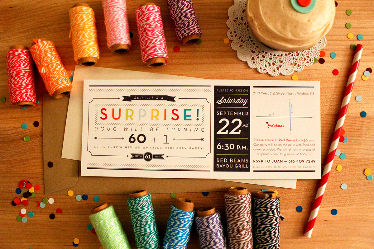 surprise Birthday Invitation invite confetti cupcake straw print party TWINE color Fun dad secret